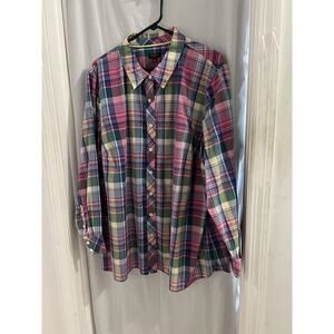 Talbots Pink Green Plaid Long Sleeve Button Front Blouse Sz 3x NWT Cottage Cabin